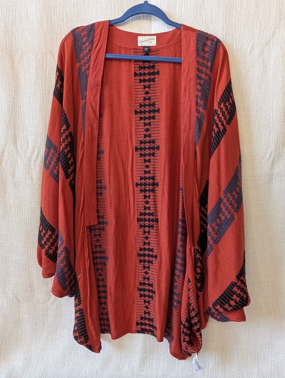 Universal Thread Rust Red Open-Front Jacket with Black Geometric Print